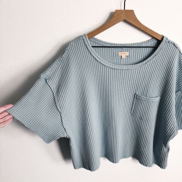 Pilcro Anthropologie‎ Top Womens Small Blue Gauzy Waffle Knit Crop Coastal Boho - Picture 4 of 10
